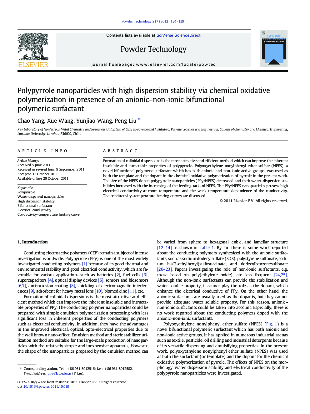 Polypyrrole nanoparticles with high dispersion stability via chemical oxidative polymerization in presence of an anionic-non-ionic bifunctional polymeric surfactant