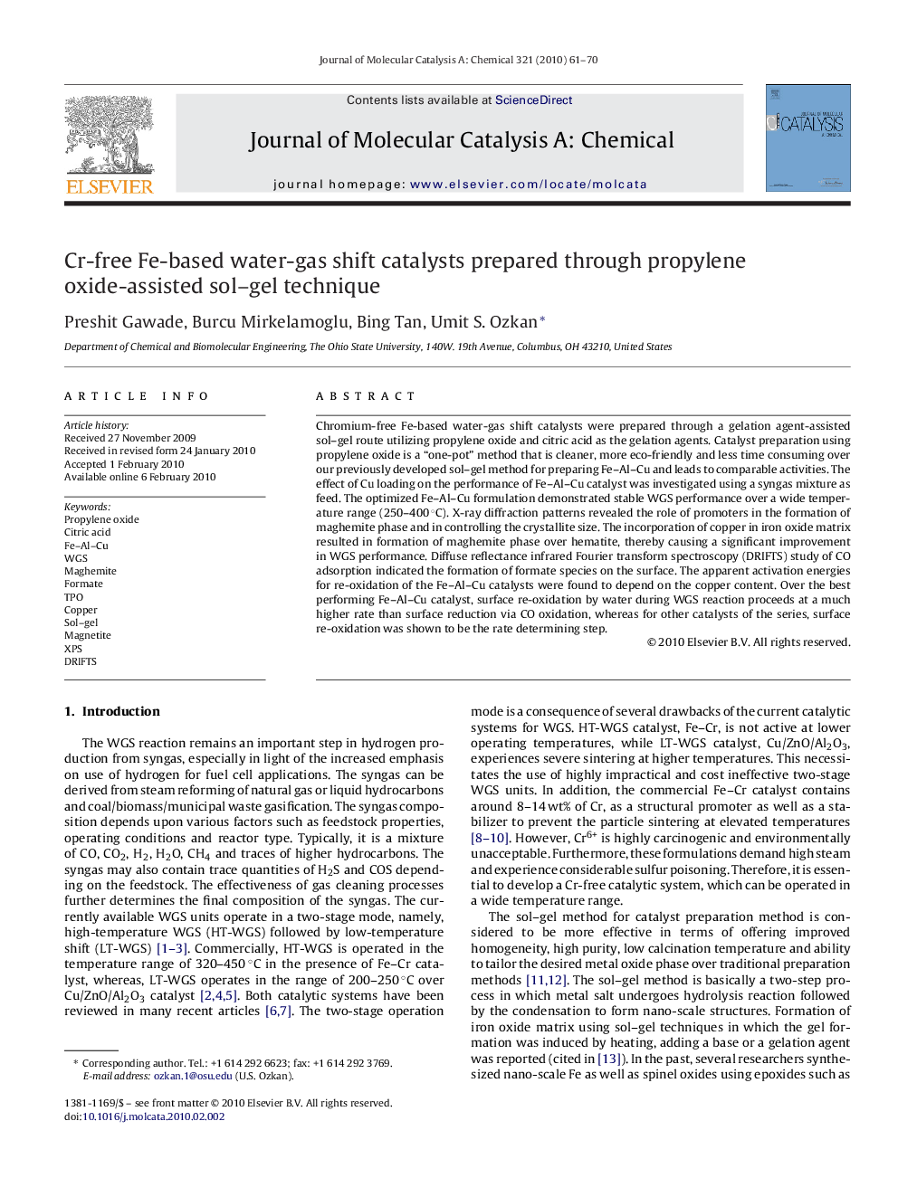 Cr-free Fe-based water-gas shift catalysts prepared through propylene oxide-assisted sol–gel technique