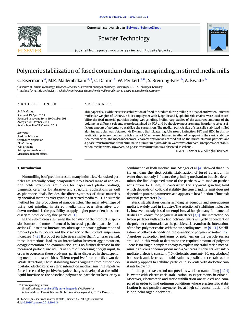 Polymeric stabilization of fused corundum during nanogrinding in stirred media mills