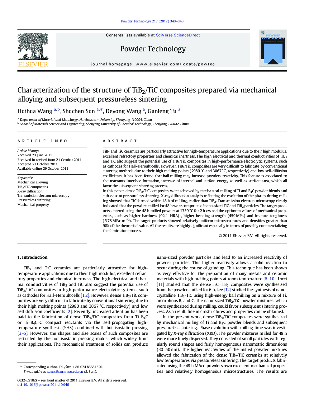 Characterization of the structure of TiB2/TiC composites prepared via mechanical alloying and subsequent pressureless sintering