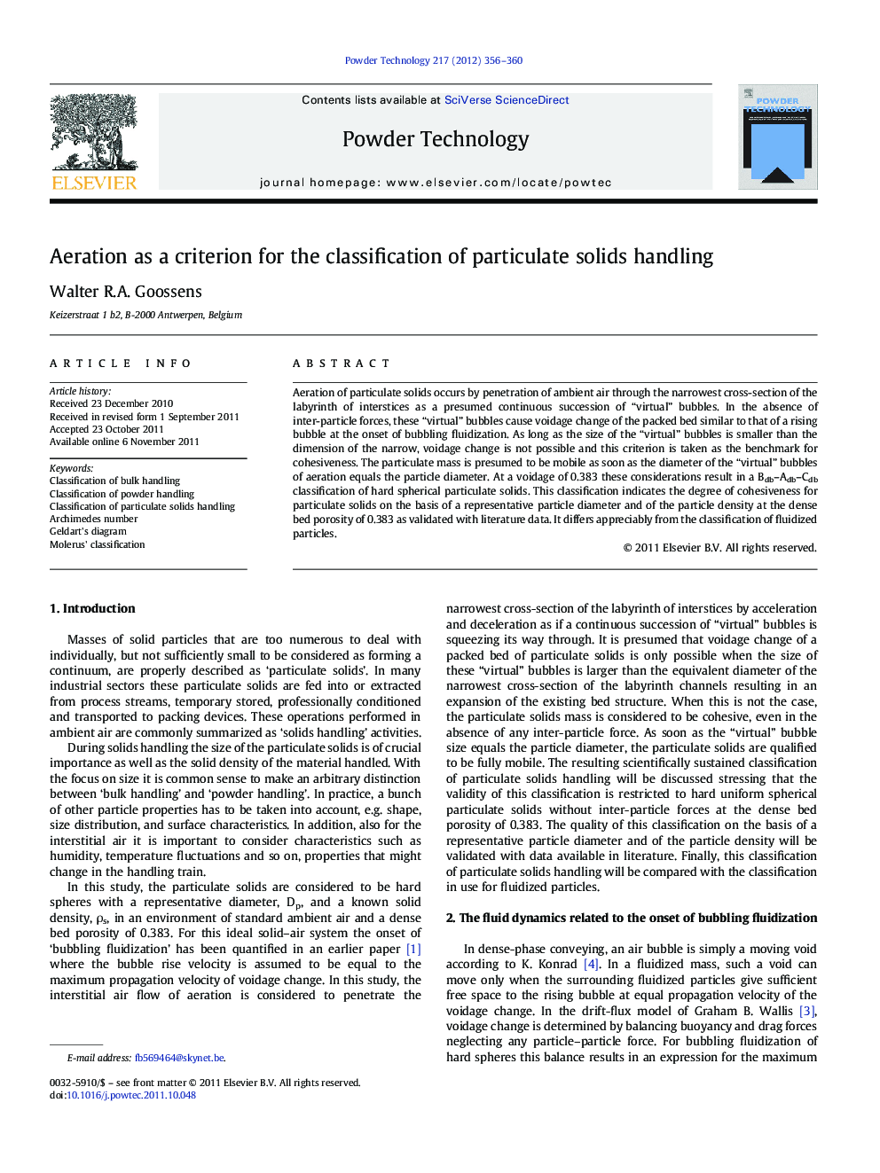 Aeration as a criterion for the classification of particulate solids handling