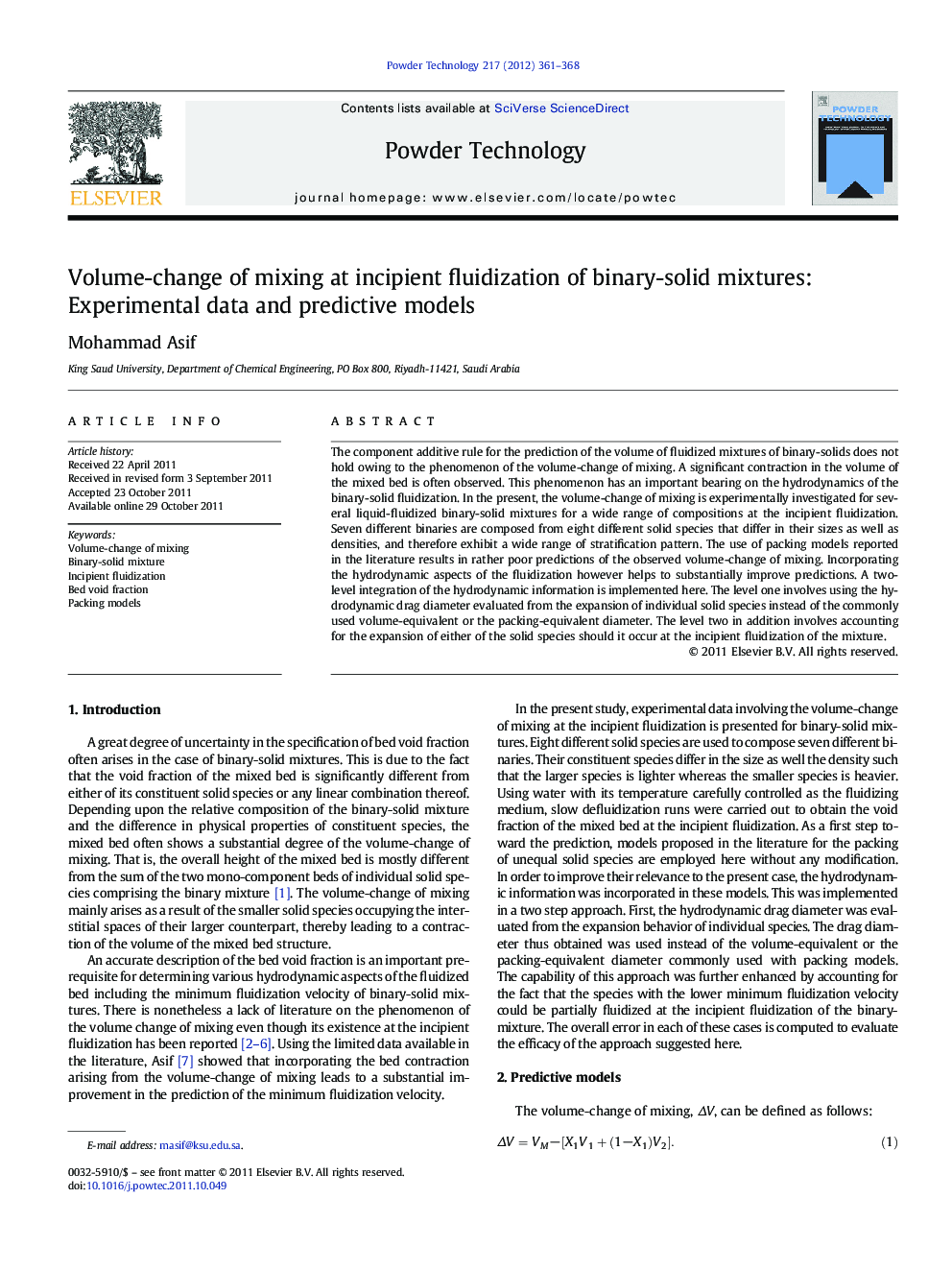 Volume-change of mixing at incipient fluidization of binary-solid mixtures: Experimental data and predictive models