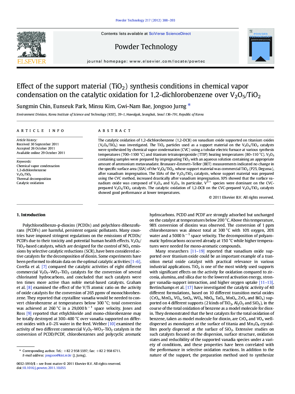 Effect of the support material (TiO2) synthesis conditions in chemical vapor condensation on the catalytic oxidation for 1,2-dichlorobenzene over V2O5/TiO2