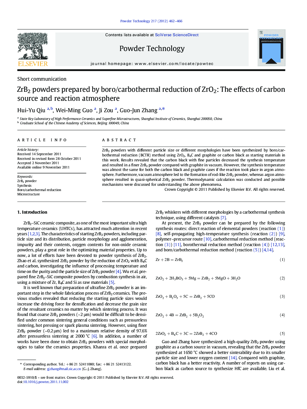 عکس صفحه اول مقاله: ZrB2 powders prepared by boro/carbothermal reduction of ZrO2: The effects of carbon source and reaction atmosphere ZrB2 powders prepared by boro/carbothermal reduction of ZrO2: The effects of carbon source and reaction atmosphere