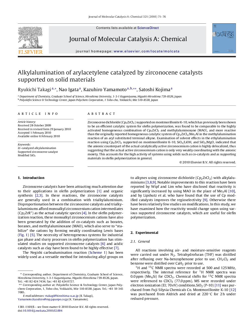 Alkylalumination of arylacetylene catalyzed by zirconocene catalysts supported on solid materials