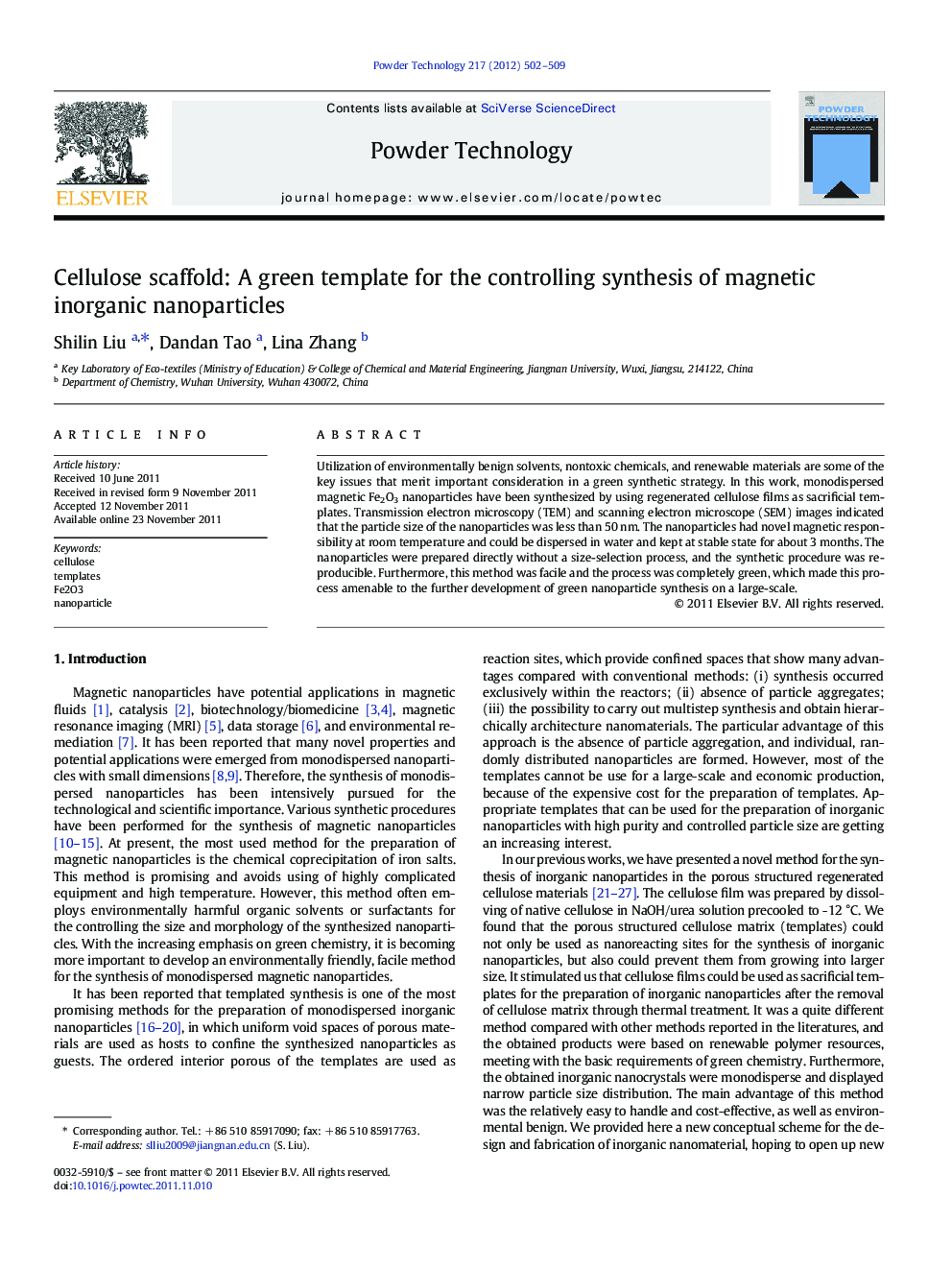 Cellulose scaffold: A green template for the controlling synthesis of magnetic inorganic nanoparticles