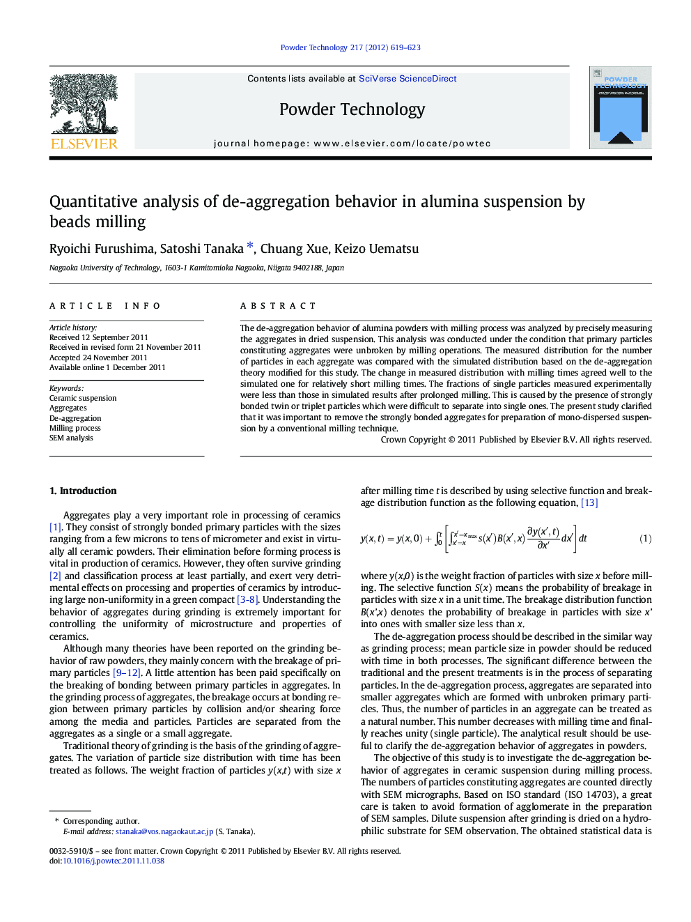 Quantitative analysis of de-aggregation behavior in alumina suspension by beads milling