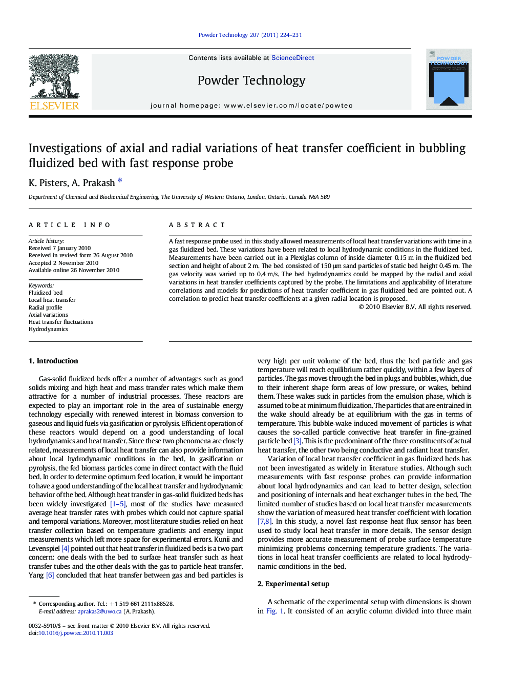 Investigations of axial and radial variations of heat transfer coefficient in bubbling fluidized bed with fast response probe