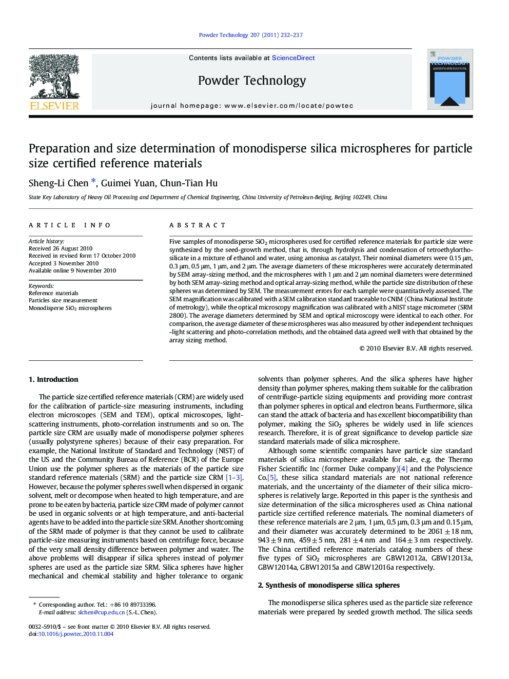 Preparation and size determination of monodisperse silica microspheres for particle size certified reference materials