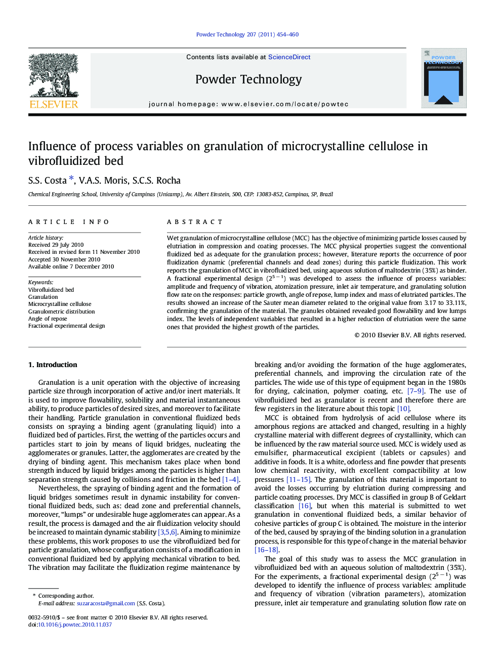 عکس صفحه اول مقاله: Influence of process variables on granulation of microcrystalline cellulose in vibrofluidized bed Influence of process variables on granulation of microcrystalline cellulose in vibrofluidized bed