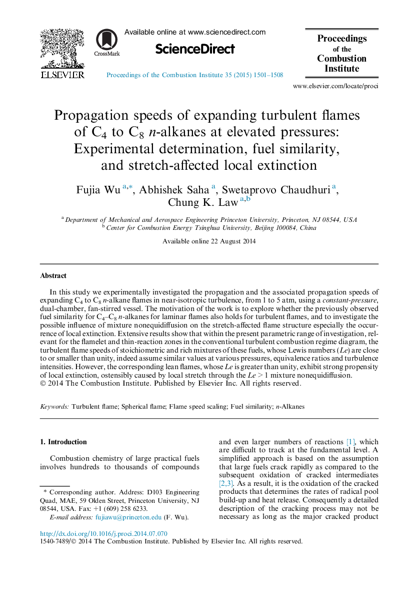 Propagation speeds of expanding turbulent flames of C4 to C8n-alkanes at elevated pressures: Experimental determination, fuel similarity, and stretch-affected local extinction