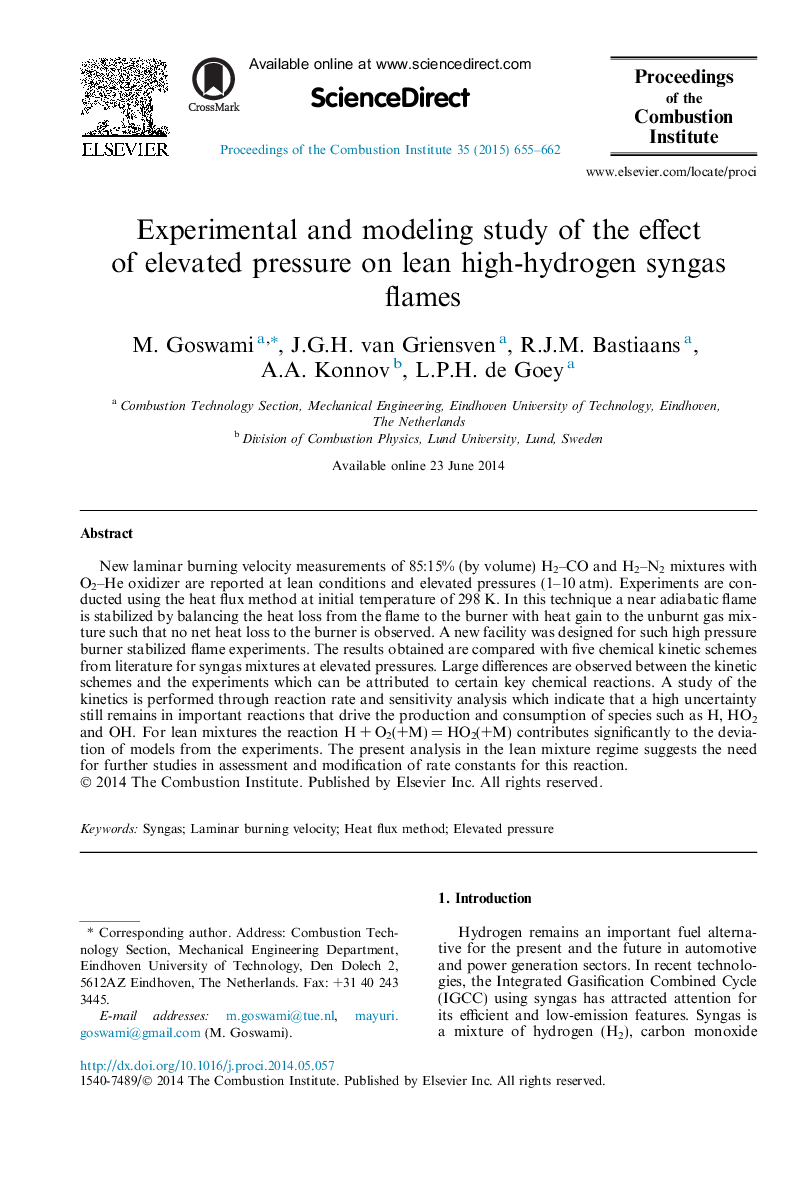 Experimental and modeling study of the effect of elevated pressure on lean high-hydrogen syngas flames