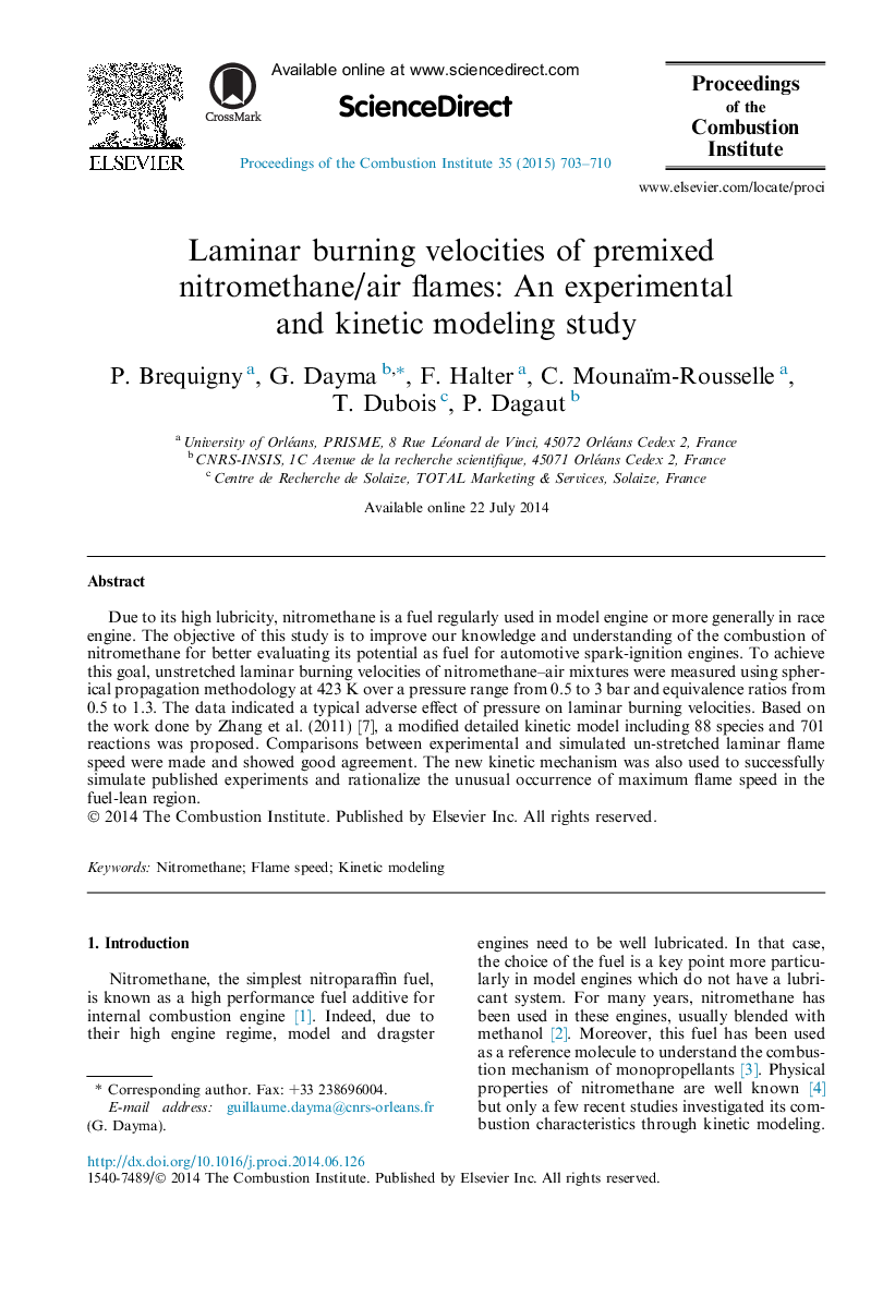 Laminar burning velocities of premixed nitromethane/air flames: An experimental and kinetic modeling study