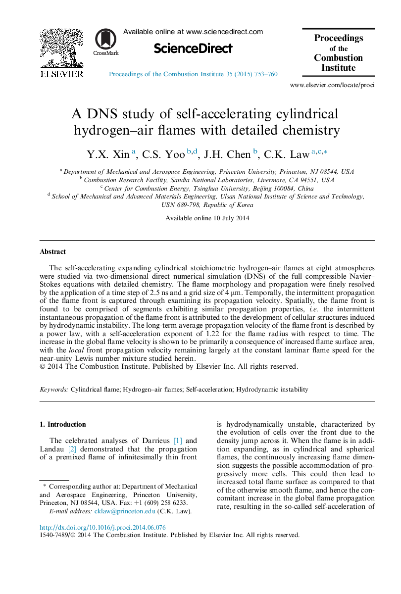 A DNS study of self-accelerating cylindrical hydrogen-air flames with detailed chemistry