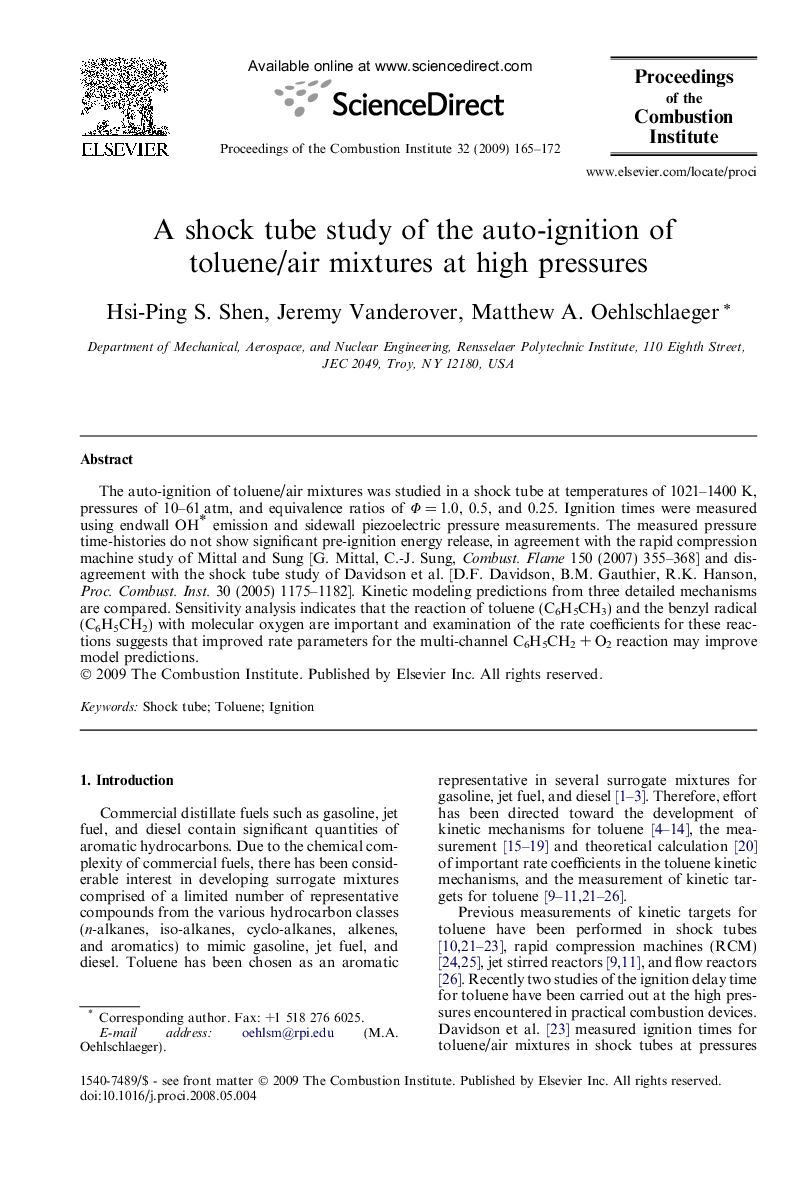 A shock tube study of the auto-ignition of toluene/air mixtures at high pressures