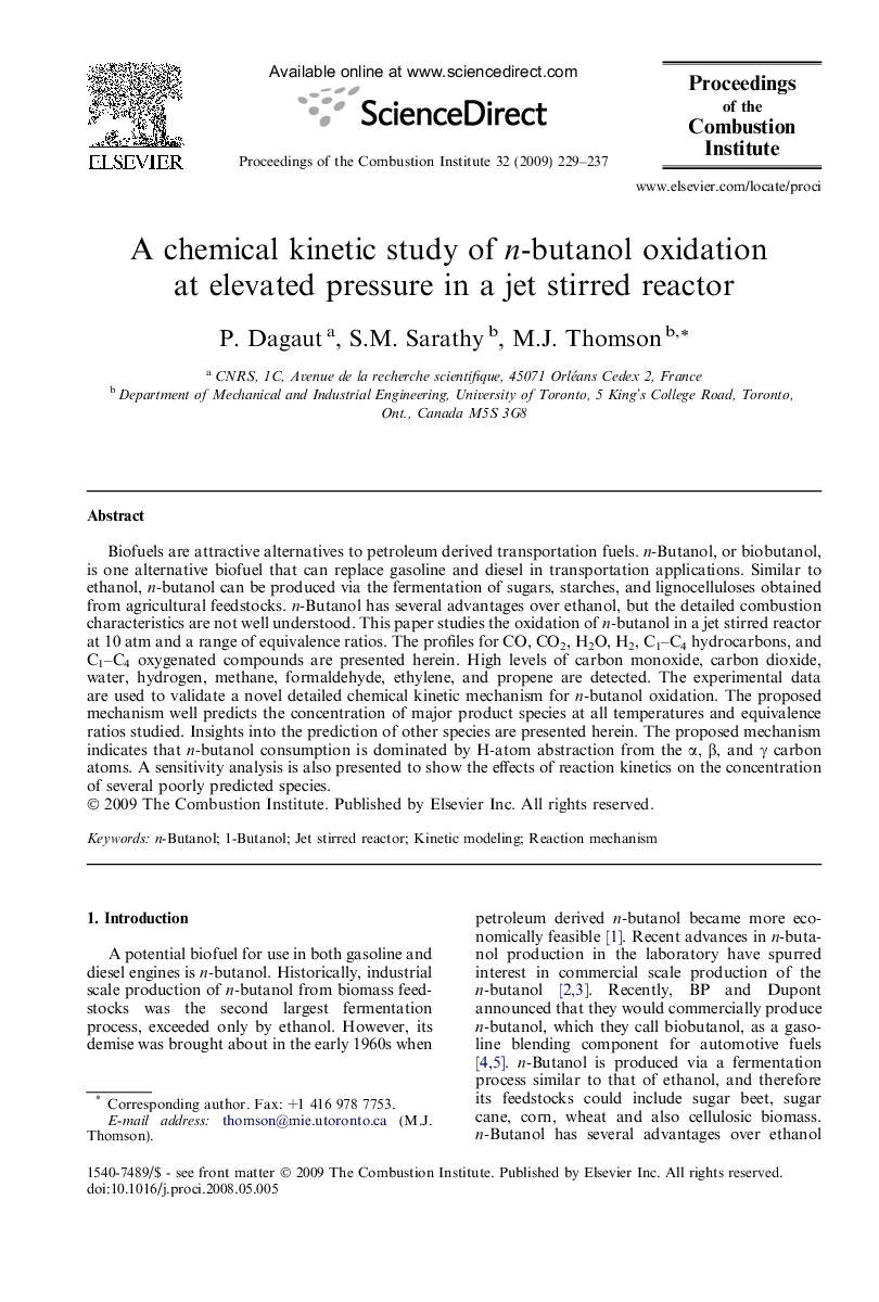 A chemical kinetic study of n-butanol oxidation at elevated pressure in a jet stirred reactor