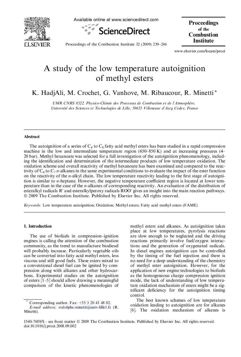 A study of the low temperature autoignition of methyl esters