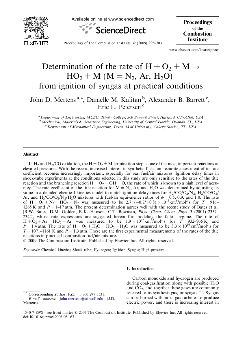 Determination of the rate of HÂ +Â O2Â +Â MÂ âÂ HO2Â +Â M (MÂ =Â N2, Ar, H2O) from ignition of syngas at practical conditions