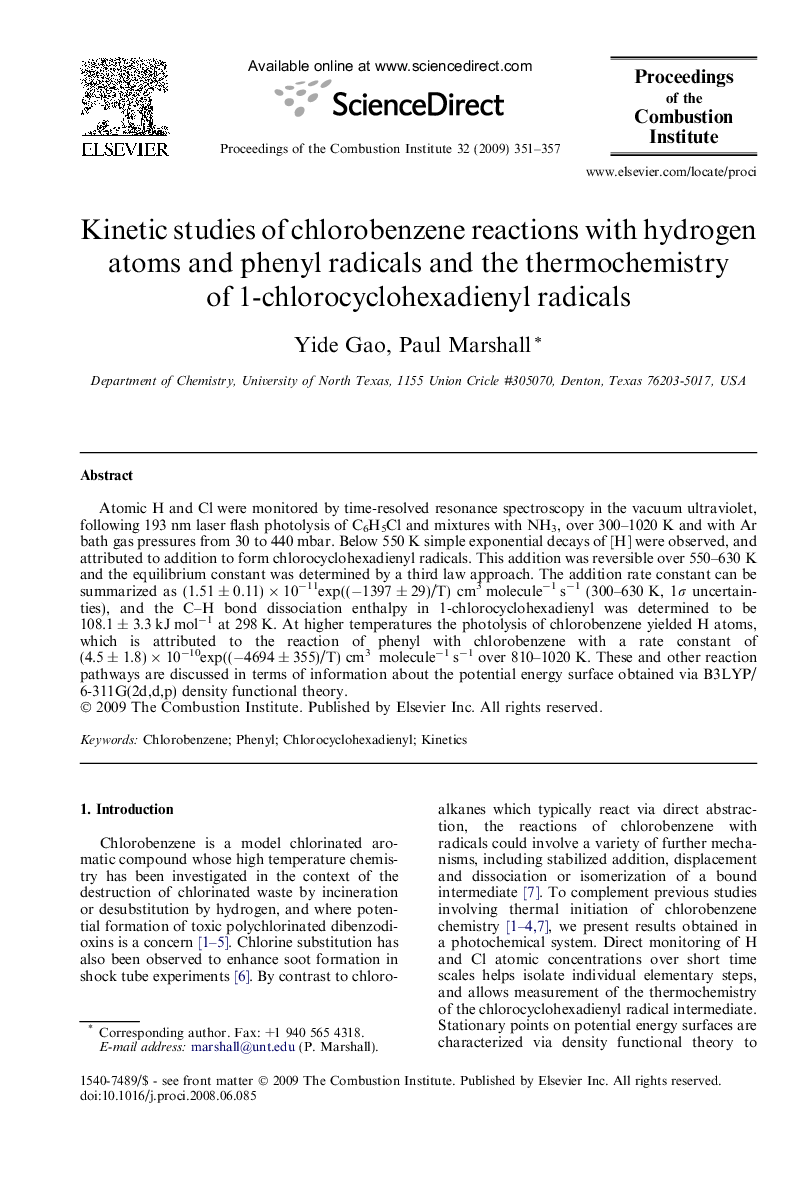 عکس صفحه اول مقاله: Kinetic studies of chlorobenzene reactions with hydrogen atoms and phenyl radicals and the thermochemistry of 1-chlorocyclohexadienyl radicals Kinetic studies of chlorobenzene reactions with hydrogen atoms and phenyl radicals and the thermochemistry of 1-chlorocyclohexadienyl radicals