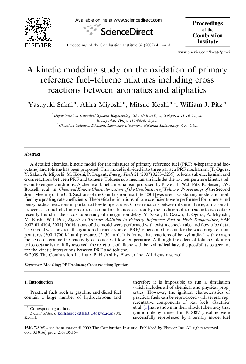 A kinetic modeling study on the oxidation of primary reference fuel-toluene mixtures including cross reactions between aromatics and aliphatics