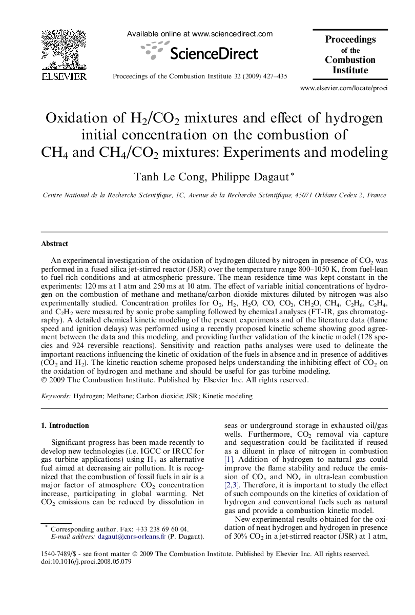 Oxidation of H2/CO2 mixtures and effect of hydrogen initial concentration on the combustion of CH4 and CH4/CO2 mixtures: Experiments and modeling