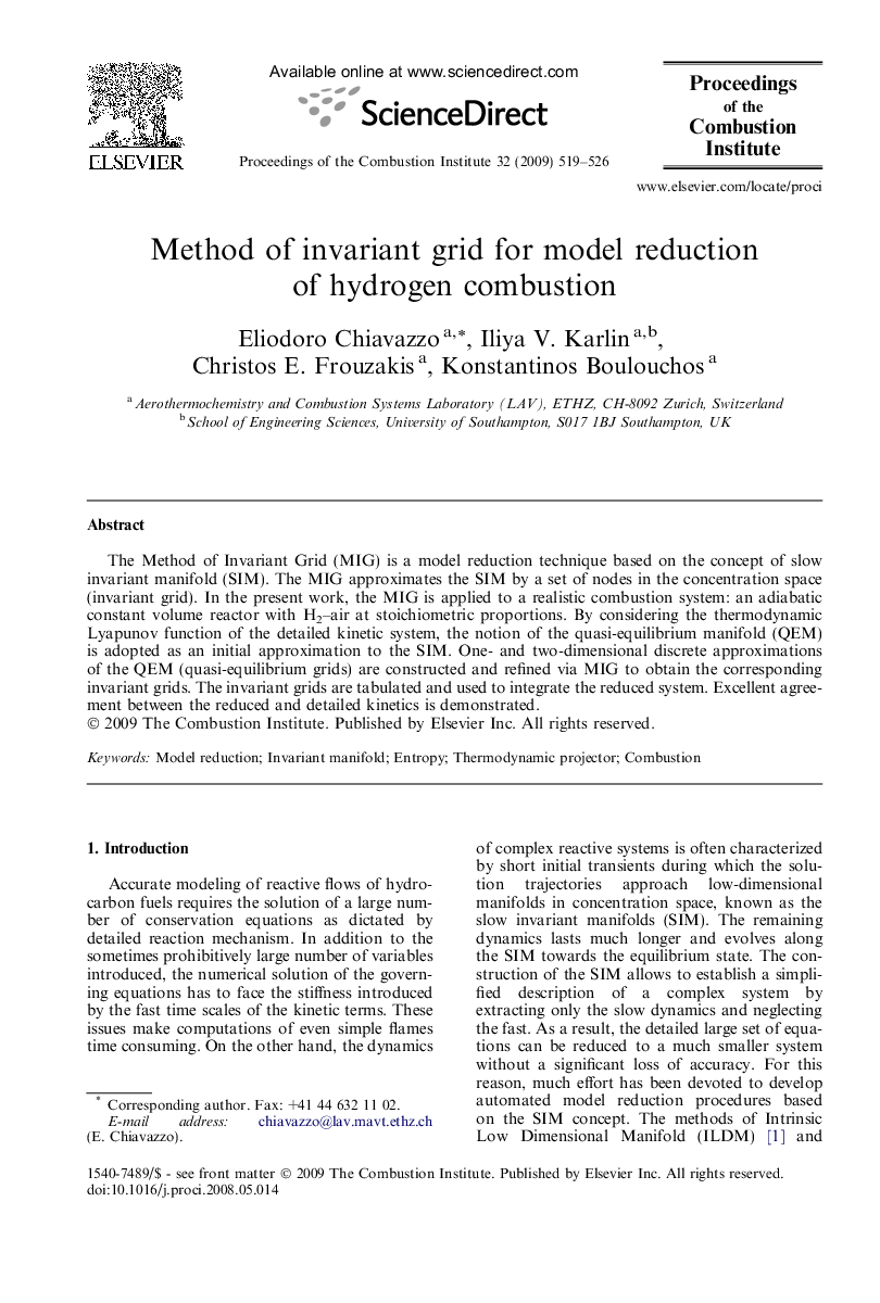 Method of invariant grid for model reduction of hydrogen combustion