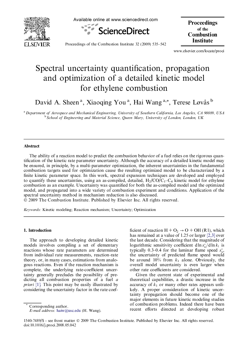 Spectral uncertainty quantification, propagation and optimization of a detailed kinetic model for ethylene combustion