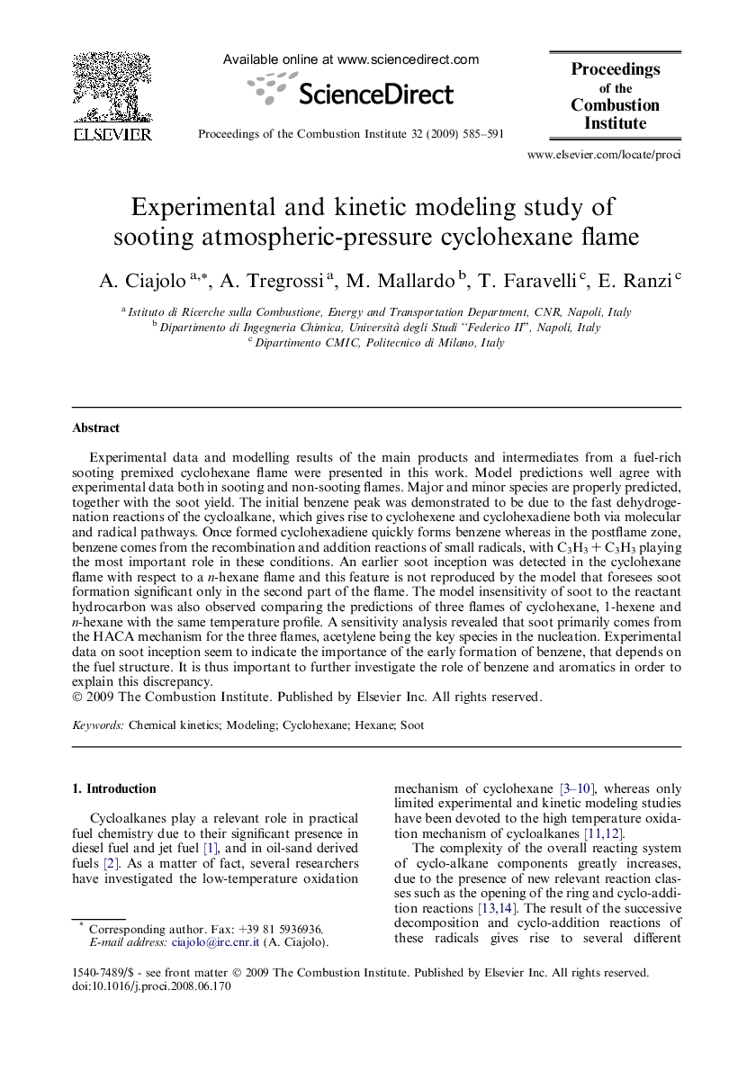 Experimental and kinetic modeling study of sooting atmospheric-pressure cyclohexane flame