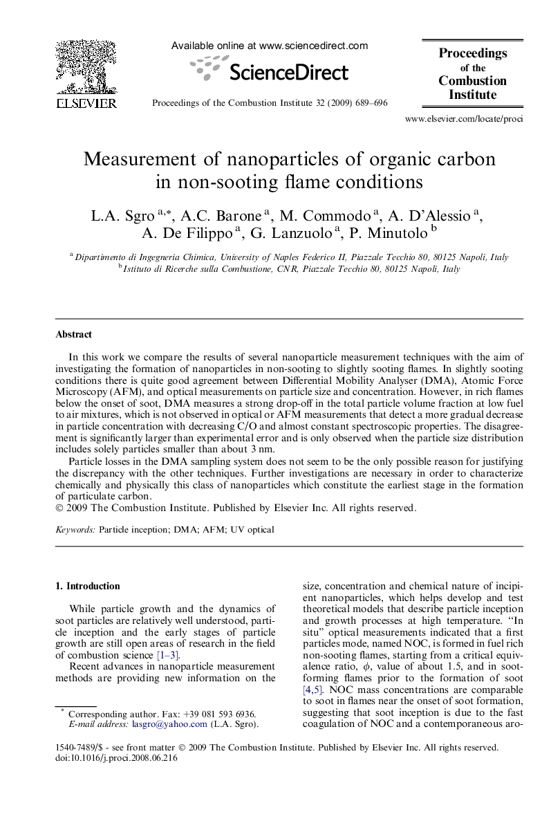 Measurement of nanoparticles of organic carbon in non-sooting flame conditions