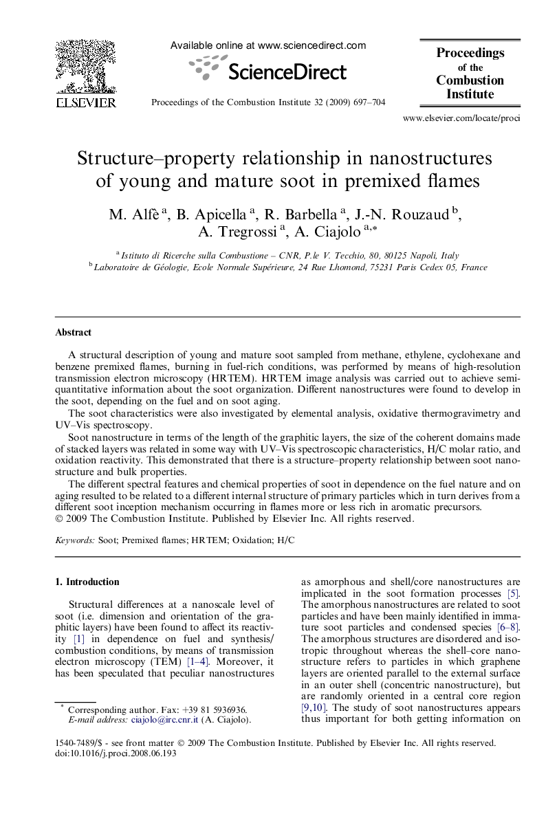 Structure-property relationship in nanostructures of young and mature soot in premixed flames