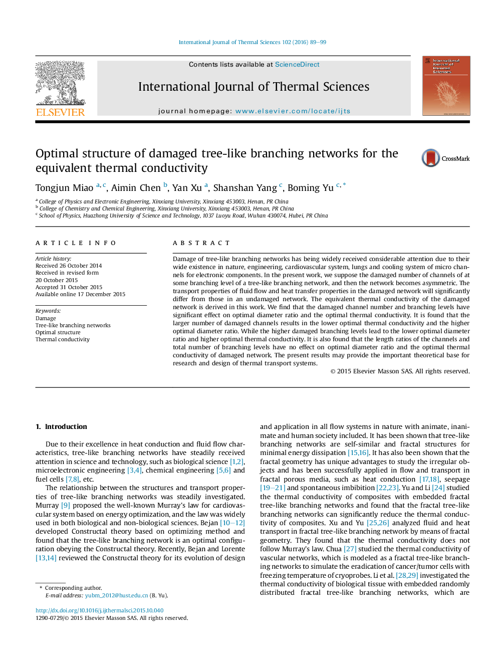 Optimal structure of damaged tree-like branching networks for the equivalent thermal conductivity