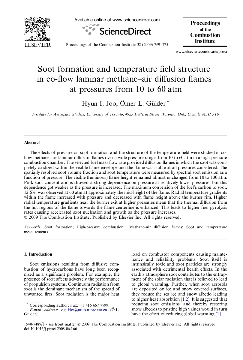 Soot formation and temperature field structure in co-flow laminar methane-air diffusion flames at pressures from 10 to 60Â atm