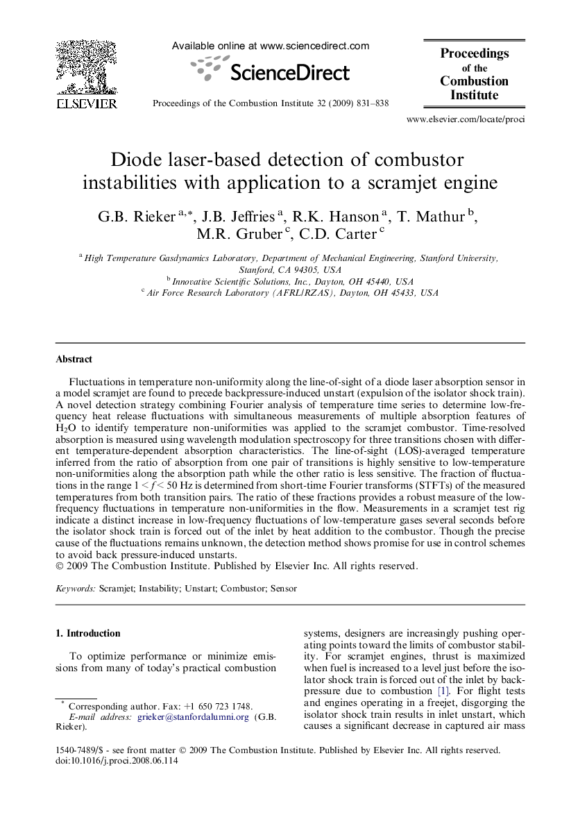 Diode laser-based detection of combustor instabilities with application to a scramjet engine