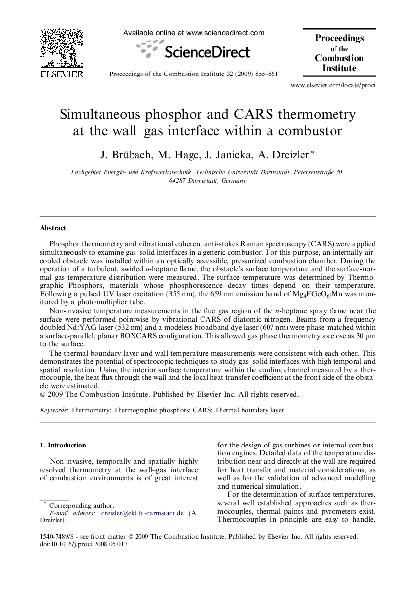 Simultaneous phosphor and CARS thermometry at the wall-gas interface within a combustor