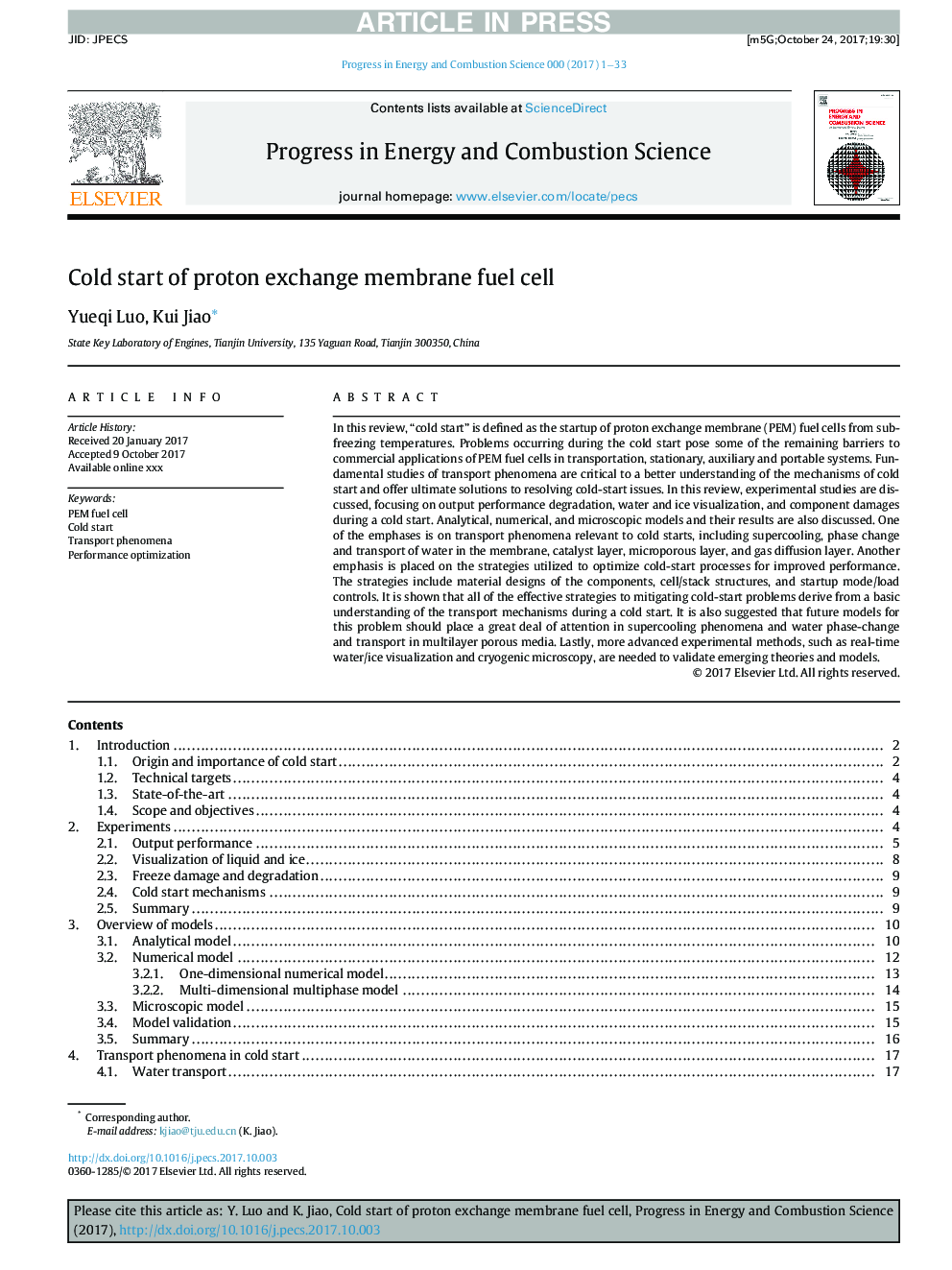 Cold start of proton exchange membrane fuel cell