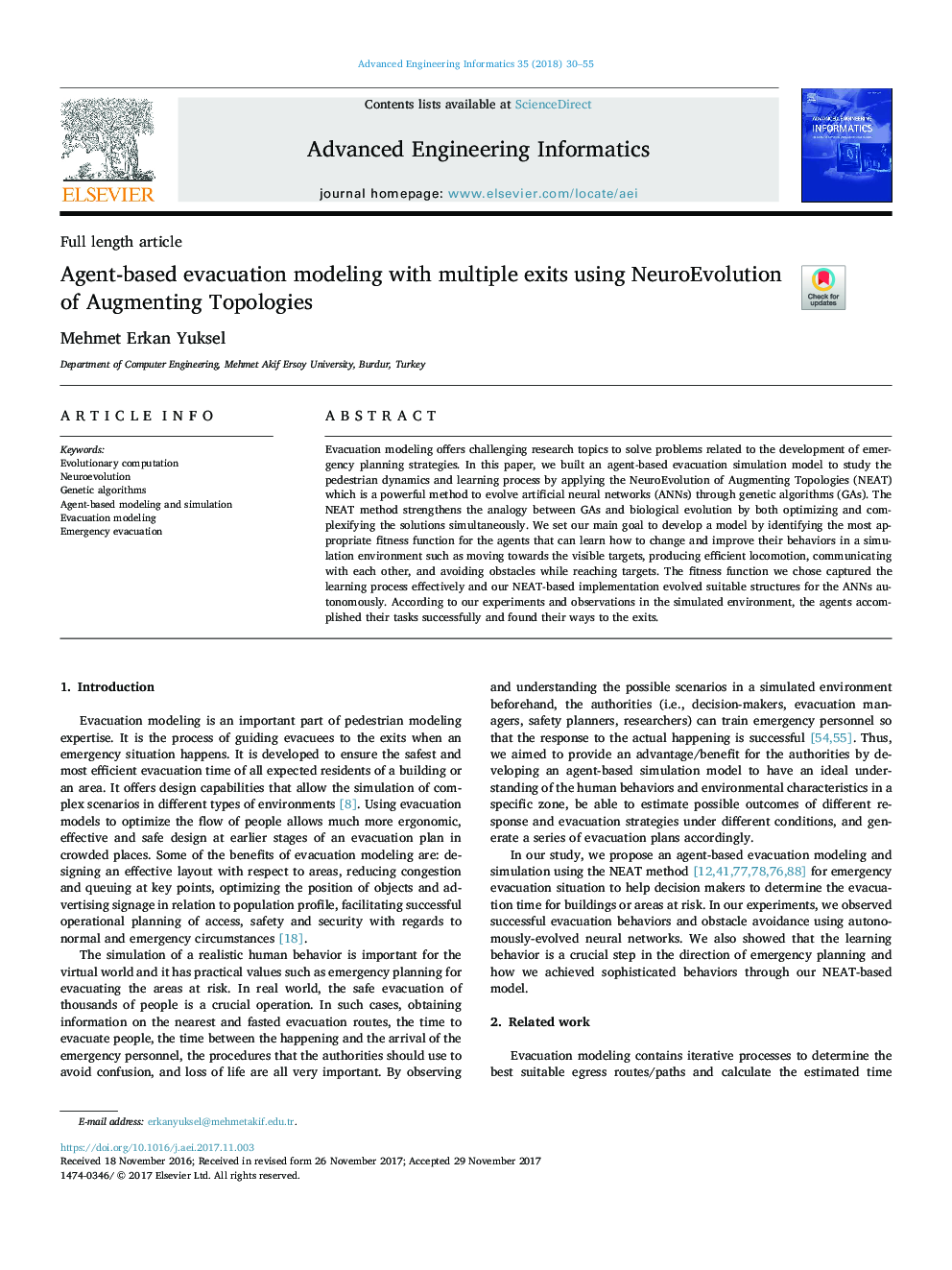 Agent-based evacuation modeling with multiple exits using NeuroEvolution of Augmenting Topologies