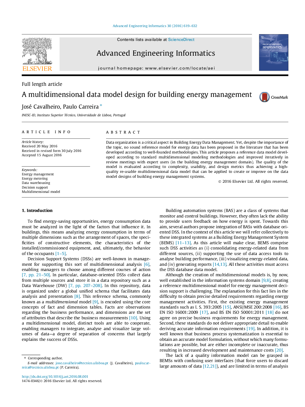 A multidimensional data model design for building energy management