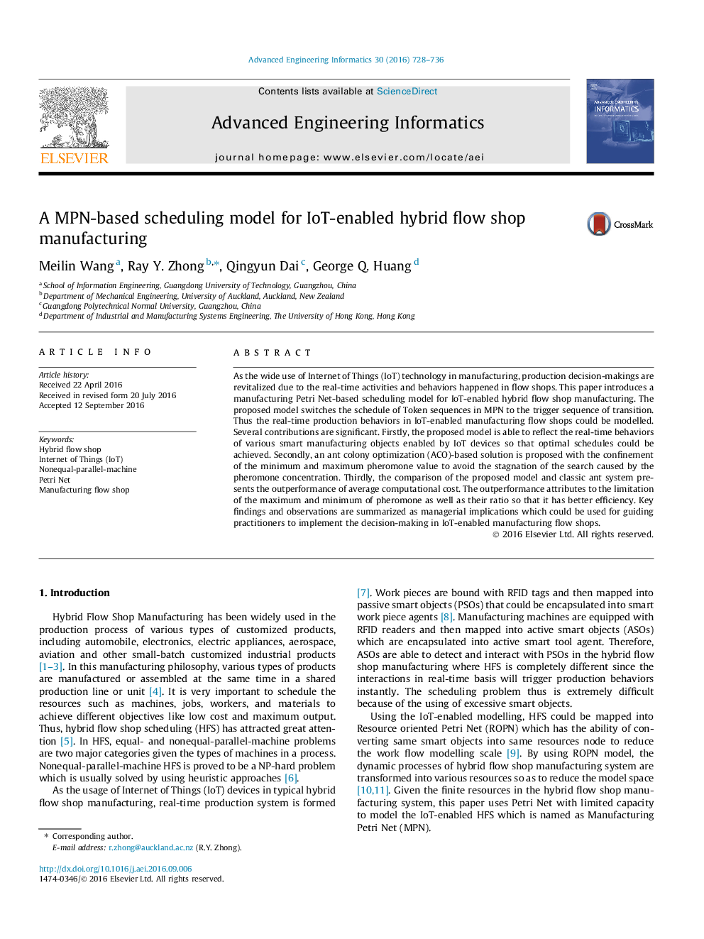 A MPN-based scheduling model for IoT-enabled hybrid flow shop manufacturing