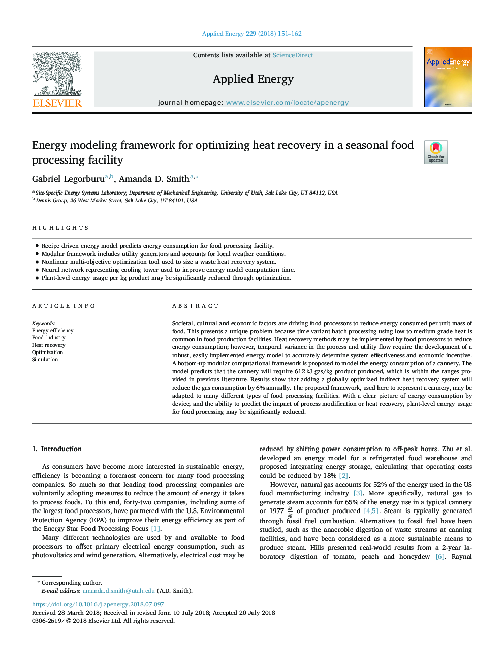 Energy modeling framework for optimizing heat recovery in a seasonal food processing facility