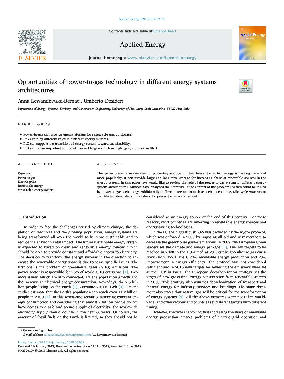 Opportunities of power-to-gas technology in different energy systems architectures