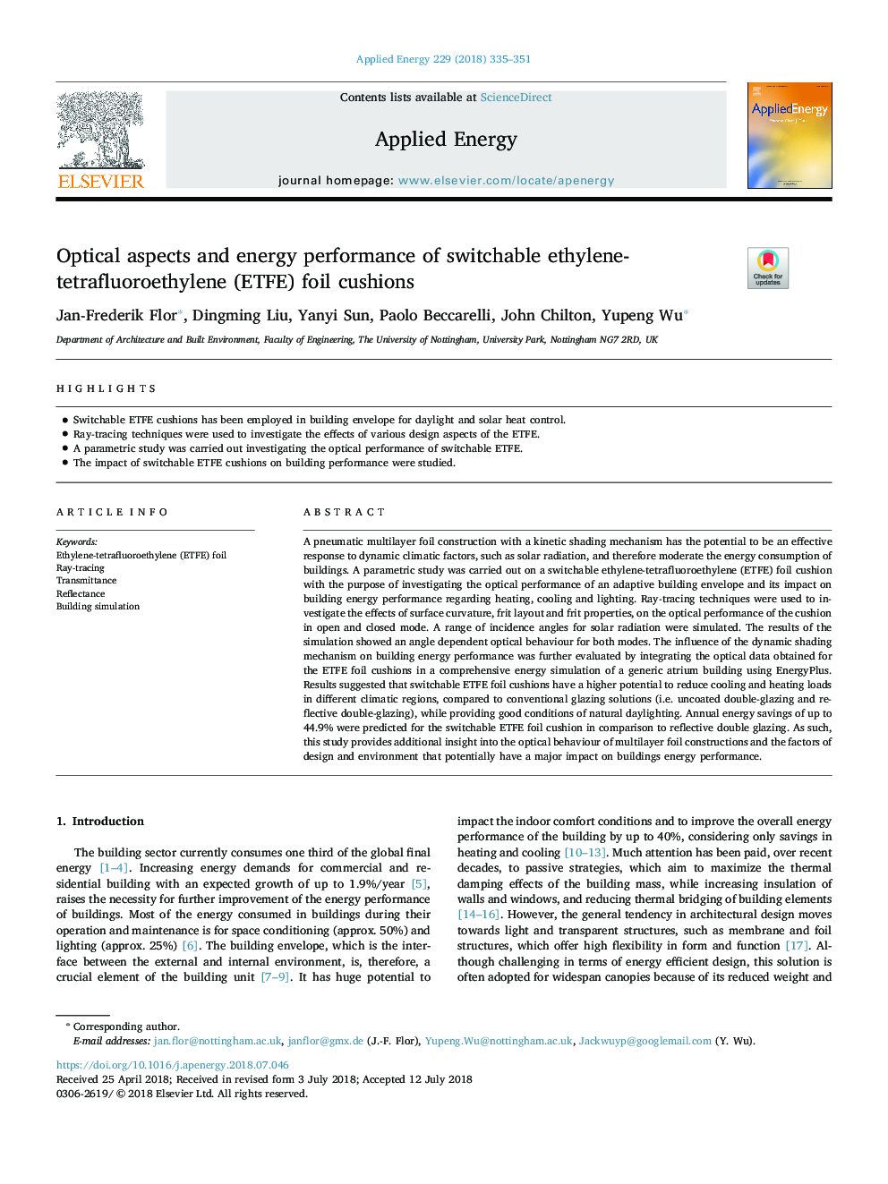 Optical aspects and energy performance of switchable ethylene-tetrafluoroethylene (ETFE) foil cushions