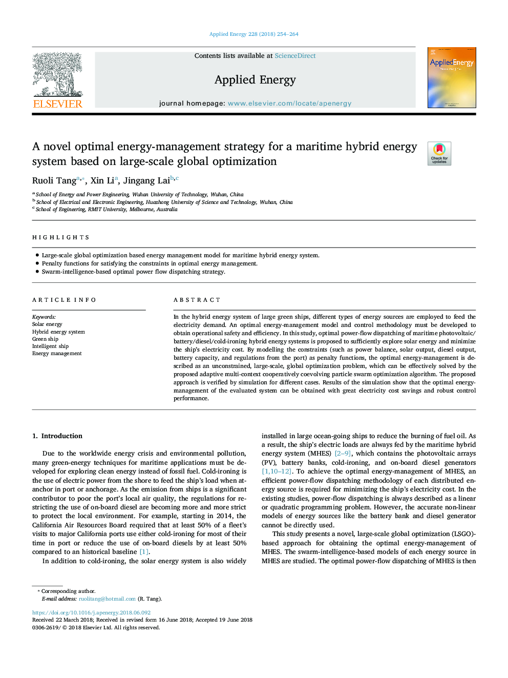 A novel optimal energy-management strategy for a maritime hybrid energy system based on large-scale global optimization