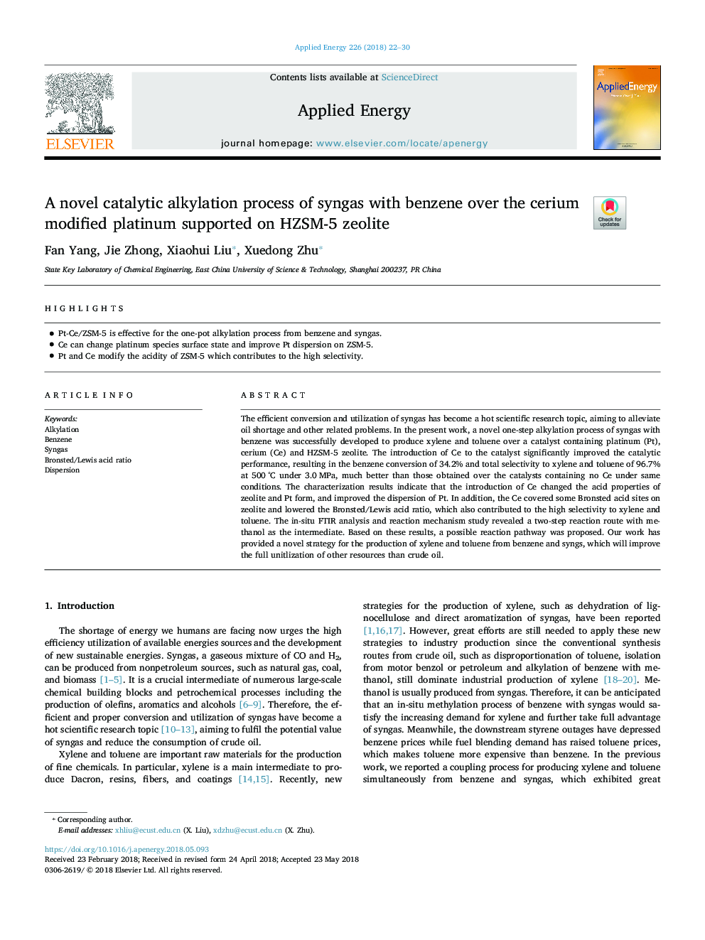 A novel catalytic alkylation process of syngas with benzene over the cerium modified platinum supported on HZSM-5 zeolite