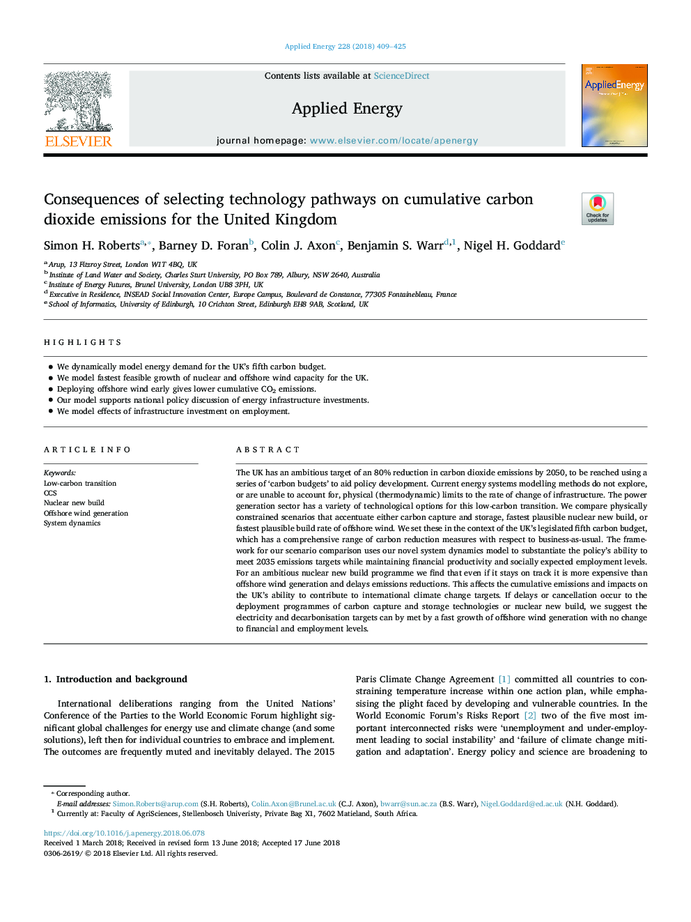 Consequences of selecting technology pathways on cumulative carbon dioxide emissions for the United Kingdom