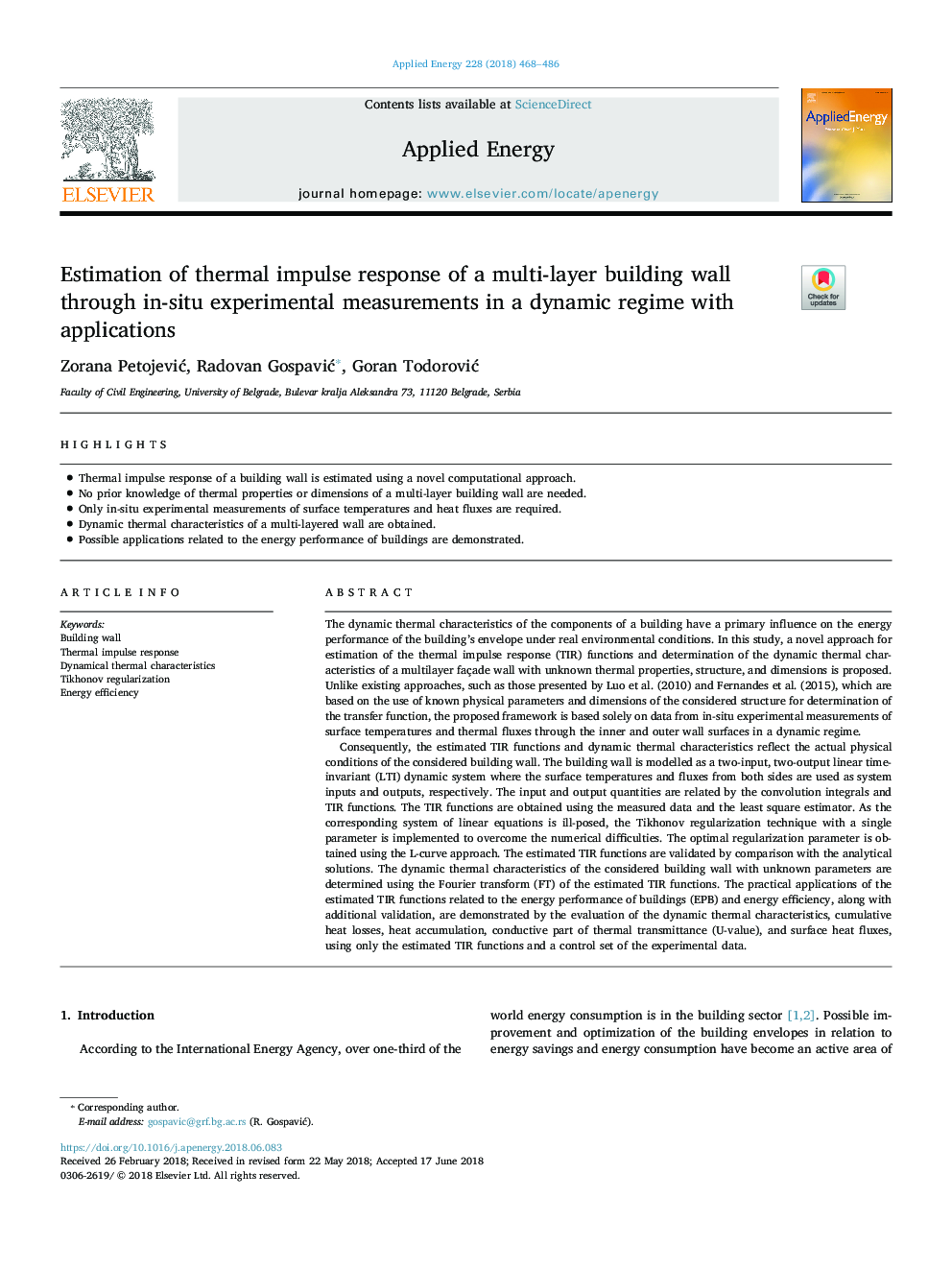 Estimation of thermal impulse response of a multi-layer building wall through in-situ experimental measurements in a dynamic regime with applications