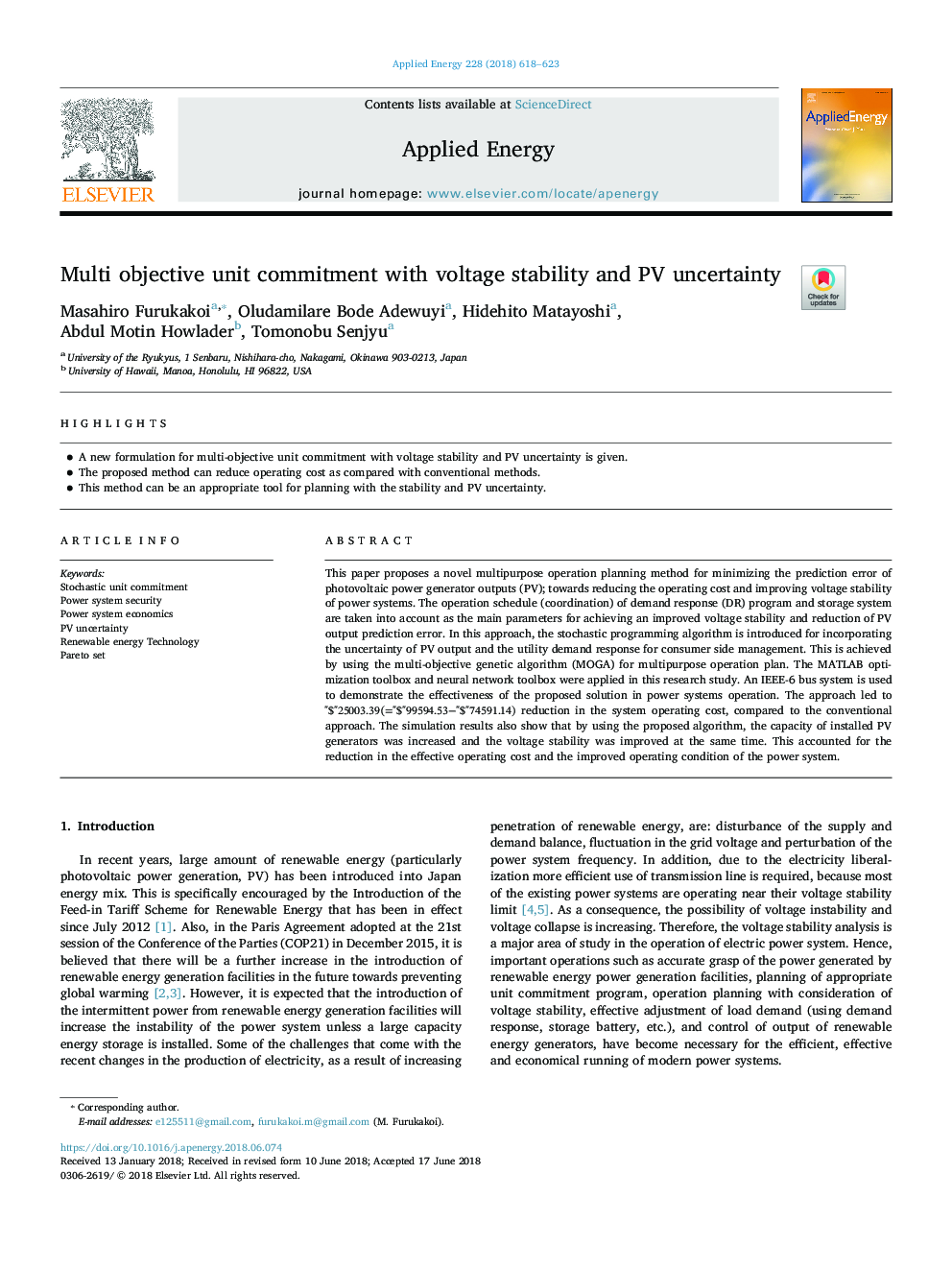 Multi objective unit commitment with voltage stability and PV uncertainty