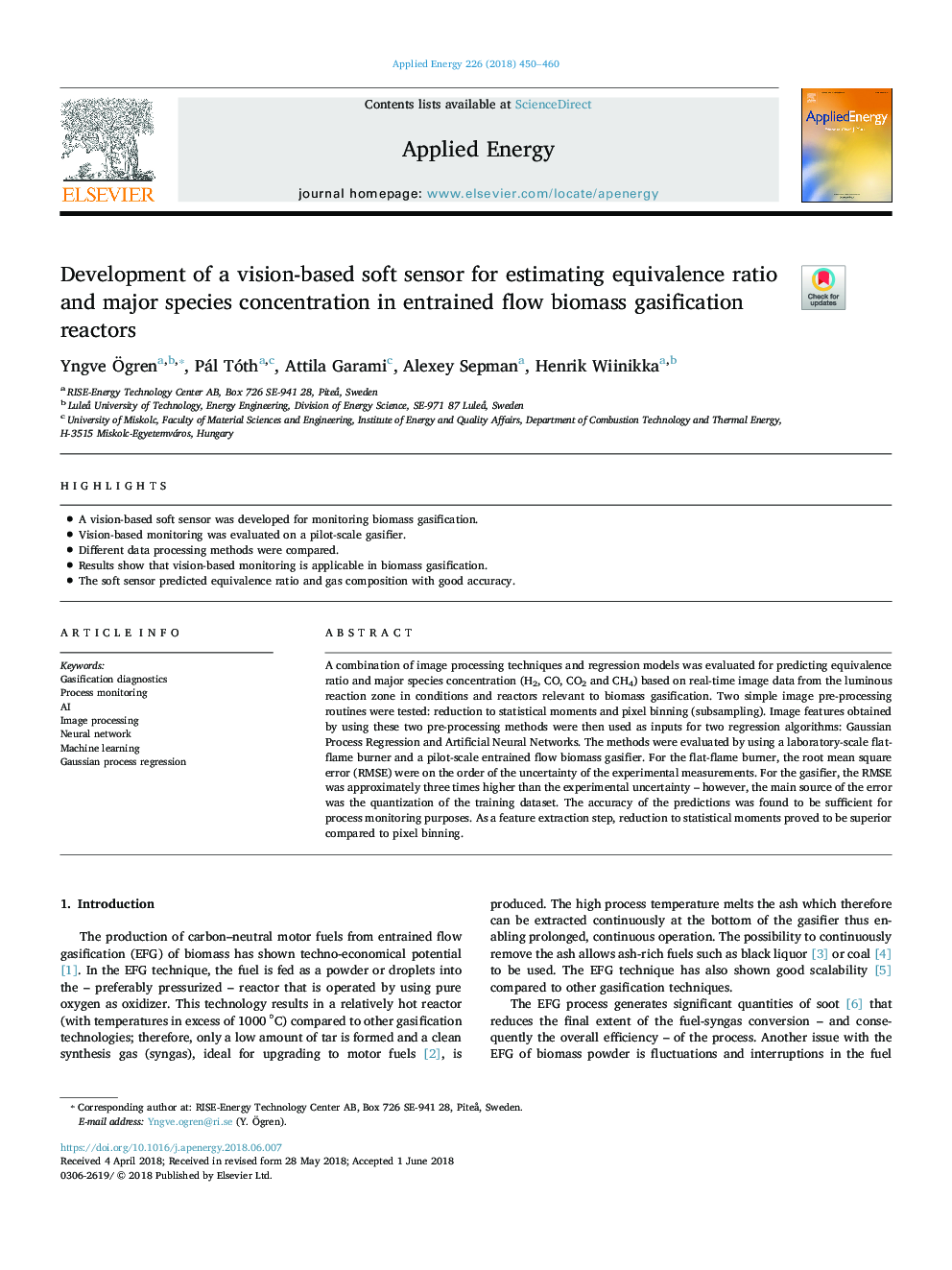 Development of a vision-based soft sensor for estimating equivalence ratio and major species concentration in entrained flow biomass gasification reactors