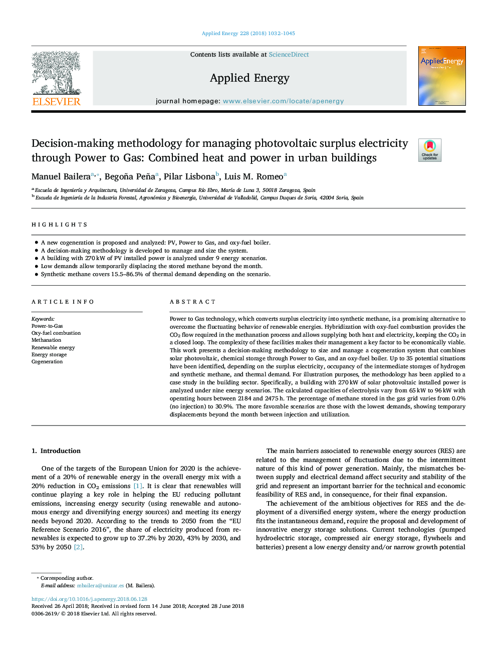 Decision-making methodology for managing photovoltaic surplus electricity through Power to Gas: Combined heat and power in urban buildings