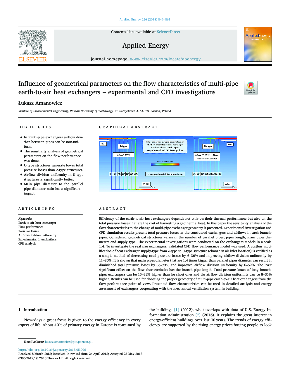 Influence of geometrical parameters on the flow characteristics of multi-pipe earth-to-air heat exchangers - experimental and CFD investigations