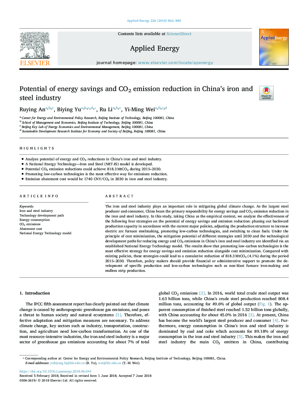 Potential of energy savings and CO2 emission reduction in China's iron and steel industry